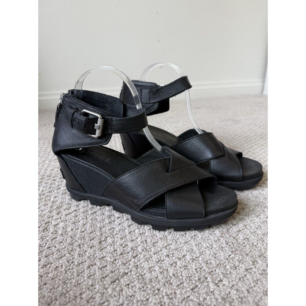 Sorel Joanie II Leather Strappy Wedge Sandals Size 10 Black Zip Platform Lug